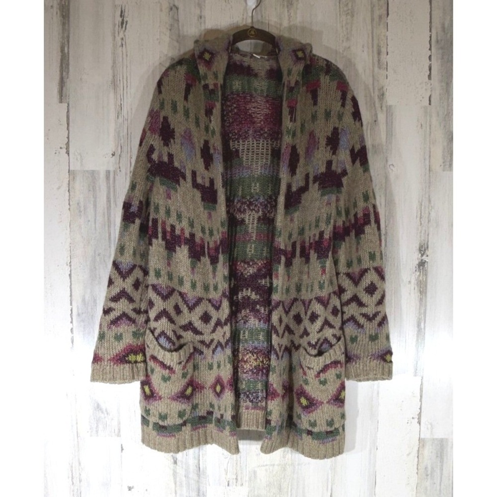 J Jill Cardigan Sweater M Petite Tan Fair Isle Hooded Wool Blend Open Front